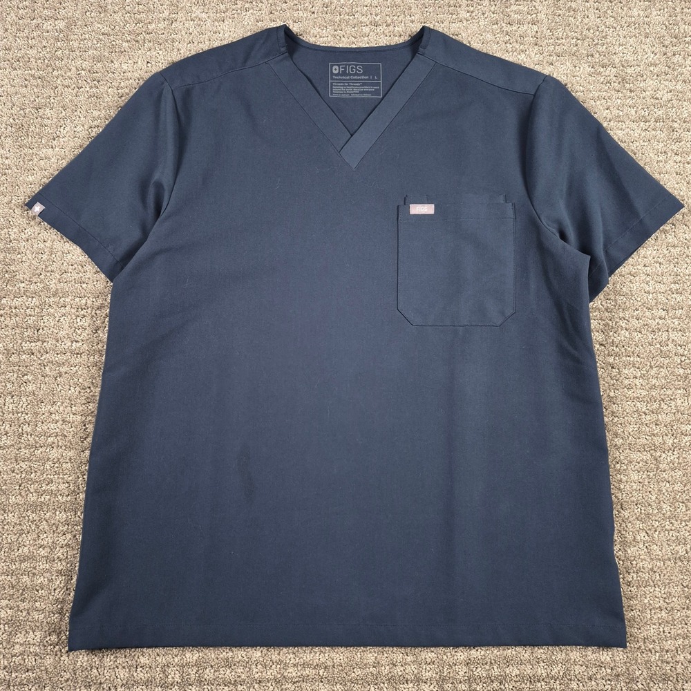 FIGS Leon Scrub Top Mens L Dark Harbor Blue One-Pocket V-Neck Medical 1000199